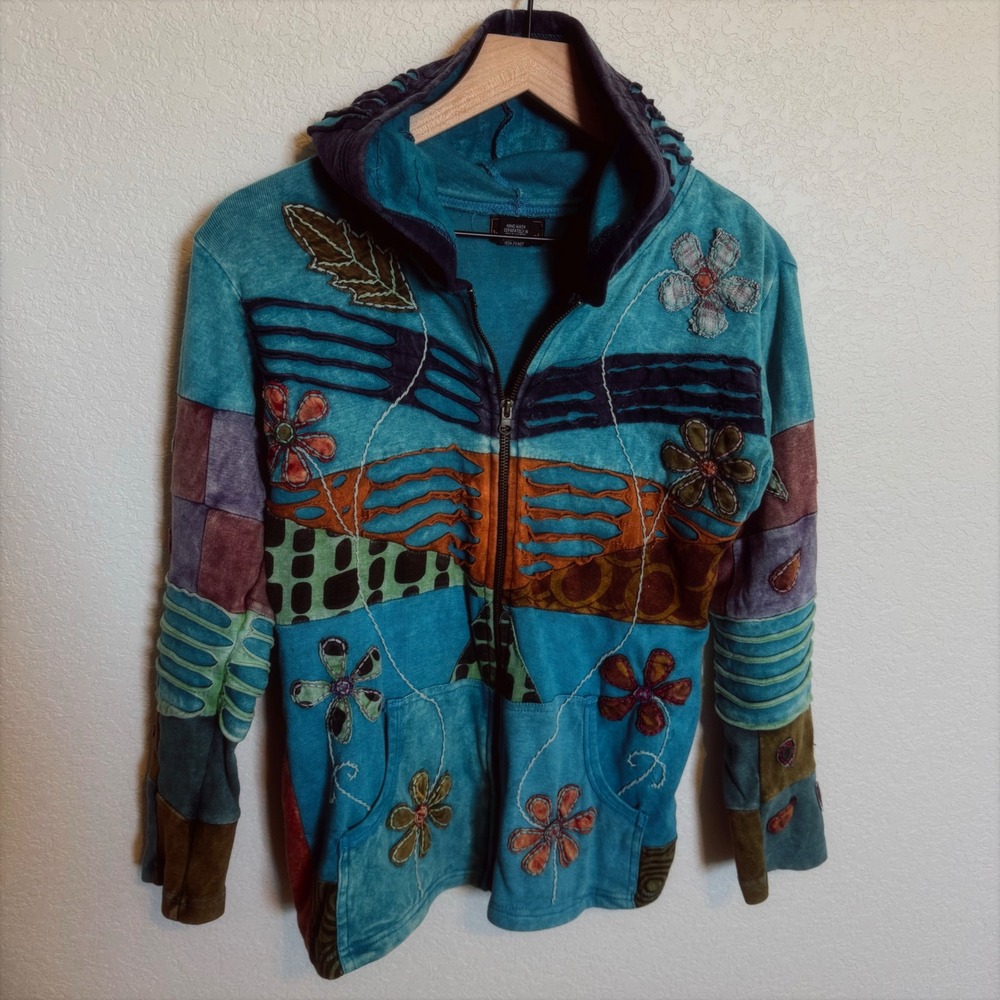 Boho Fairycore Rising International Patchwork Floral Hoodie Small Teal